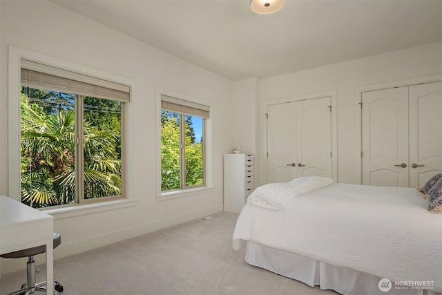 carpeted bedroom featuring two closets and baseboards