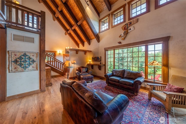 living area with stairs, wood finished floors, high vaulted ceiling, visible vents, and beamed ceiling