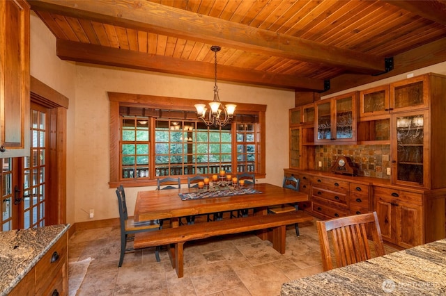 dining room featuring wood ceiling, a notable chandelier, baseboards, and beam ceiling