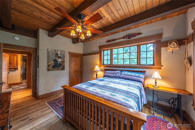 bedroom with baseboards, beam ceiling, wood ceiling, and wood finished floors