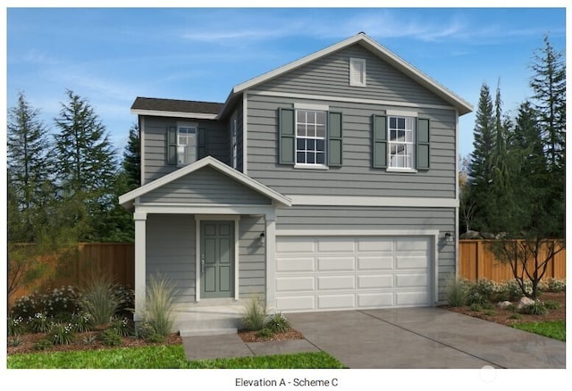traditional-style home featuring an attached garage, fence, and driveway