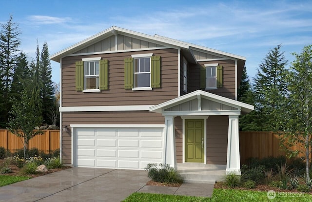 traditional home featuring an attached garage, board and batten siding, fence, and concrete driveway