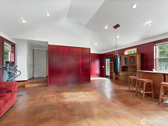 21608 186th Ave E, Orting, WA 98360 - kitchen featuring high vaulted ceiling, recessed lighting, and tile patterned flooring
