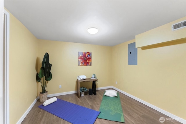 21608 186th Ave E, Orting, WA 98360 - workout room featuring electric panel, wood finished floors, and baseboards
