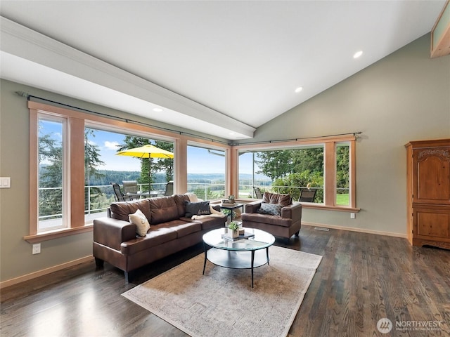21608 186th Ave E, Orting, WA 98360 - living area featuring vaulted ceiling, plenty of natural light, dark wood-style floors, baseboards, and recessed lighting