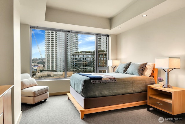 2121 Terry Ave Unit N1203, Seattle, WA 98121 - bedroom featuring carpet, recessed lighting, a city view, and baseboards