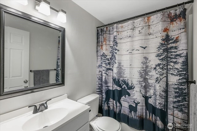 full bath featuring toilet, vanity, and a shower with curtain