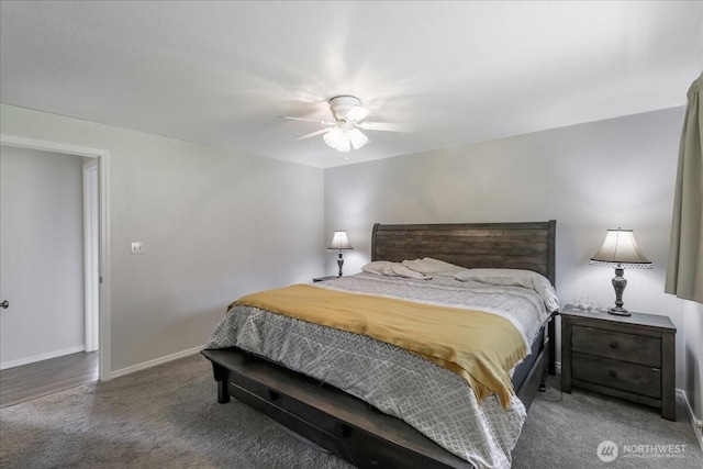 bedroom featuring baseboards, a ceiling fan, and carpet floors