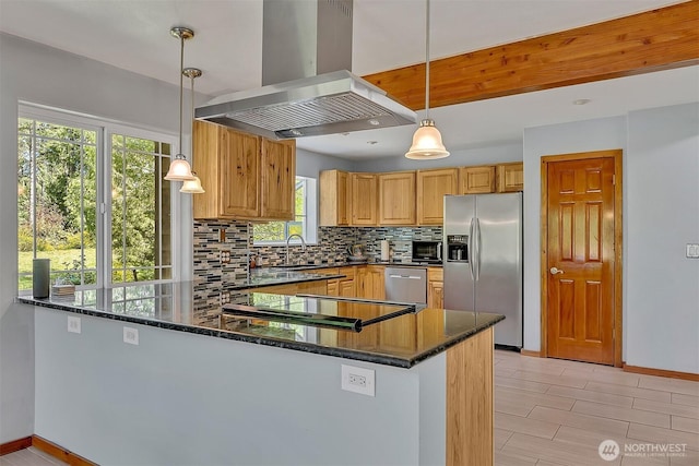 4716 167th Ave NW, Lakebay, WA 98349 - kitchen with stainless steel appliances, island range hood, tasteful backsplash, dark stone counters, and a sink