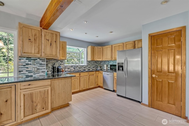 4716 167th Ave NW, Lakebay, WA 98349 - kitchen featuring stainless steel appliances, tasteful backsplash, a sink, light brown cabinets, and beam ceiling