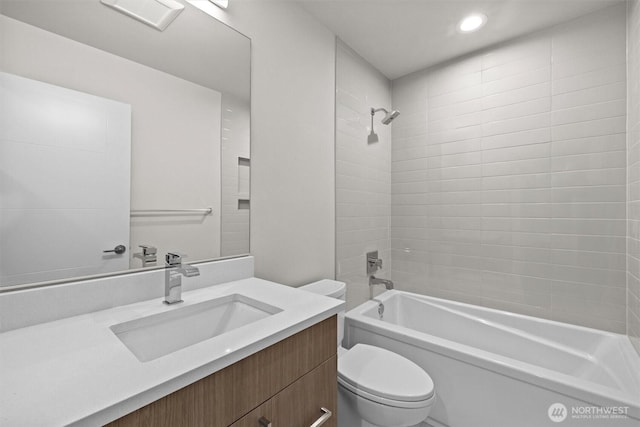 full bathroom with vanity, toilet, tub / shower combination, and recessed lighting