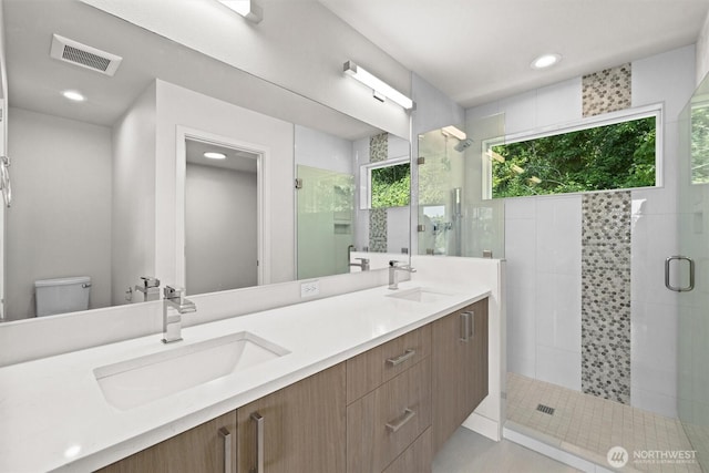 bathroom with visible vents, a stall shower, and a sink