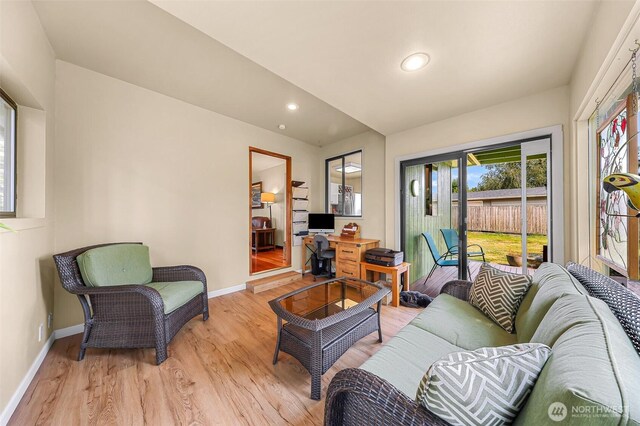 832 Elm Ave, Blaine, WA 98230 - living room with baseboards, light wood-type flooring, recessed lighting, and an office area