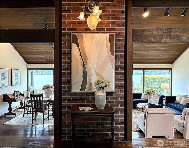 4400 E Mercer Way, Mercer Island, WA 98040 - detailed view of wood finished floors, wood ceiling with exposed beams, a chandelier, and track lighting