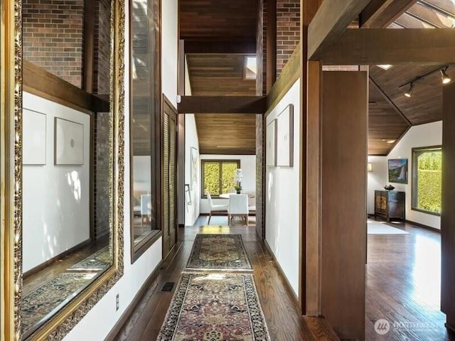 4400 E Mercer Way, Mercer Island, WA 98040 - corridor featuring dark wood-style floors, wooden ceiling, rail lighting, baseboards, and high vaulted ceiling