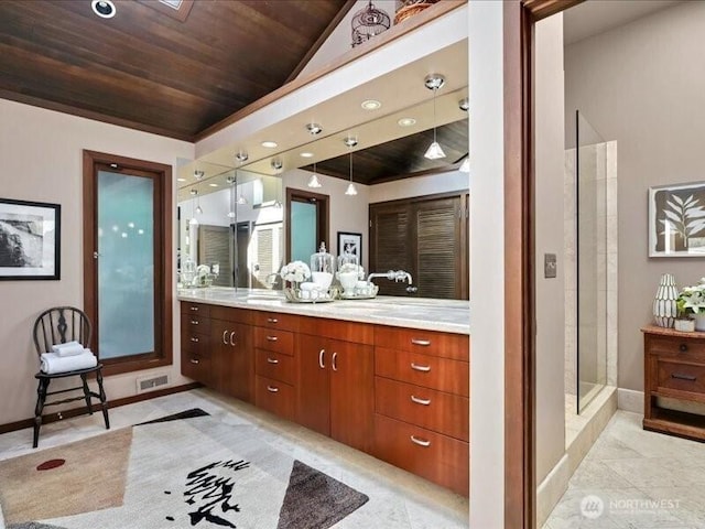 4400 E Mercer Way, Mercer Island, WA 98040 - full bath featuring wood ceiling, vanity, a shower with shower door, baseboards, and tile patterned floors