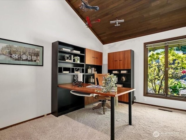 4400 E Mercer Way, Mercer Island, WA 98040 - office space with light carpet, baseboards, high vaulted ceiling, built in desk, and wooden ceiling