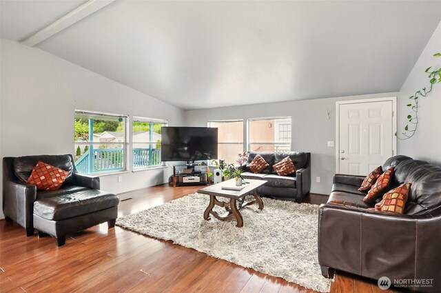 living room featuring vaulted ceiling and wood finished floors
