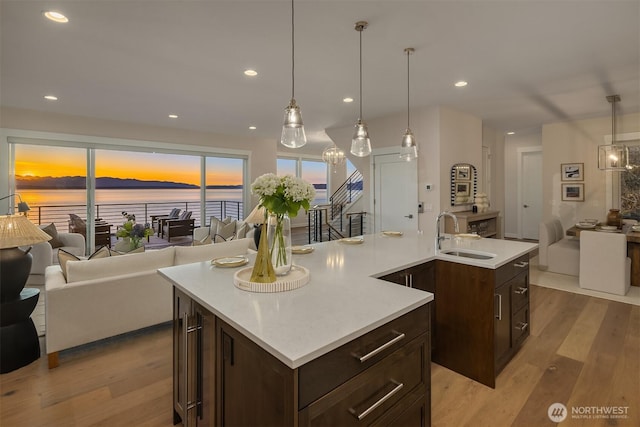 kitchen with dark brown cabinetry, wood finished floors, open floor plan, and a sink