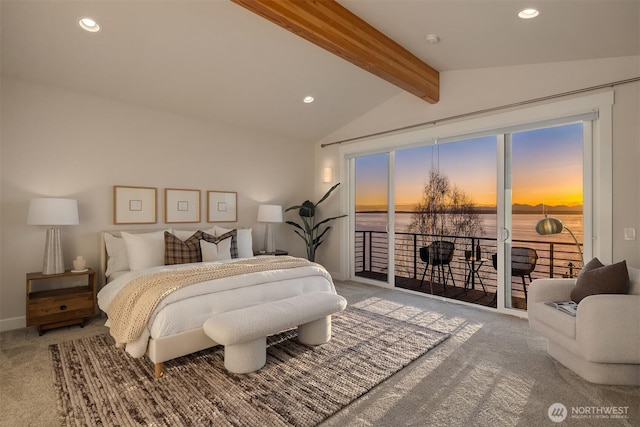 bedroom with vaulted ceiling with beams, recessed lighting, carpet, and access to exterior