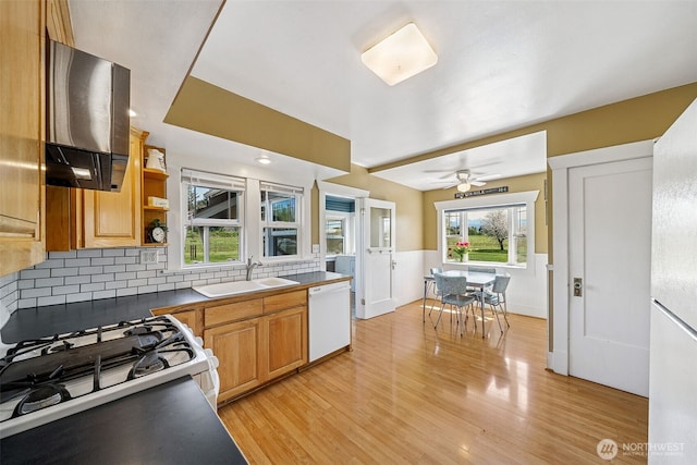 28009 SE 456th St, Enumclaw, WA 98022 - kitchen with a sink, white appliances, extractor fan, tasteful backsplash, and light wood-style floors