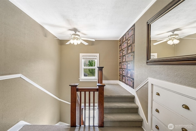 28009 SE 456th St, Enumclaw, WA 98022 - staircase featuring a textured wall, a ceiling fan, and a textured ceiling
