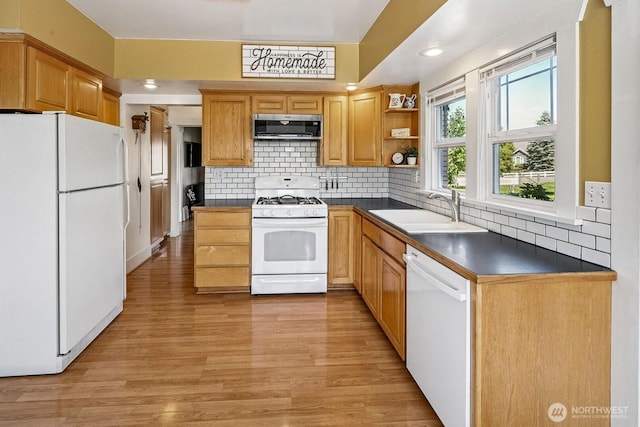 28009 SE 456th St, Enumclaw, WA 98022 - kitchen with white appliances, a sink, dark countertops, and decorative backsplash