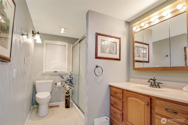 47 W Sunny Sands Rd, Cathlamet, WA 98612 - bathroom with toilet, tile patterned floors, baseboards, a shower stall, and vanity
