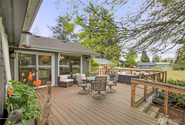 47 W Sunny Sands Rd, Cathlamet, WA 98612 - wooden terrace with an outdoor hangout area and outdoor dining area
