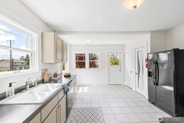 kitchen with dishwasher, a wealth of natural light, a sink, and black refrigerator with ice dispenser