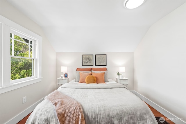 bedroom with lofted ceiling, baseboards, and wood finished floors