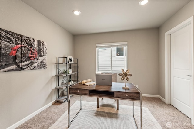 carpeted office featuring baseboards and recessed lighting