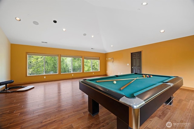 recreation room with wood finished floors, visible vents, recessed lighting, vaulted ceiling, and billiards