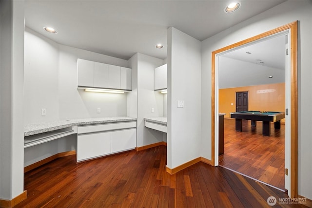 unfurnished office featuring baseboards, billiards, recessed lighting, and dark wood-style floors