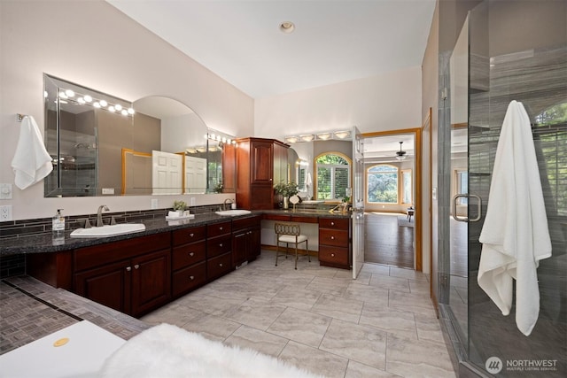 bathroom featuring a sink, double vanity, and a stall shower