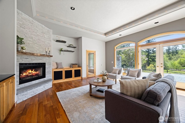 living area featuring a raised ceiling, french doors, dark wood-type flooring, and a stone fireplace