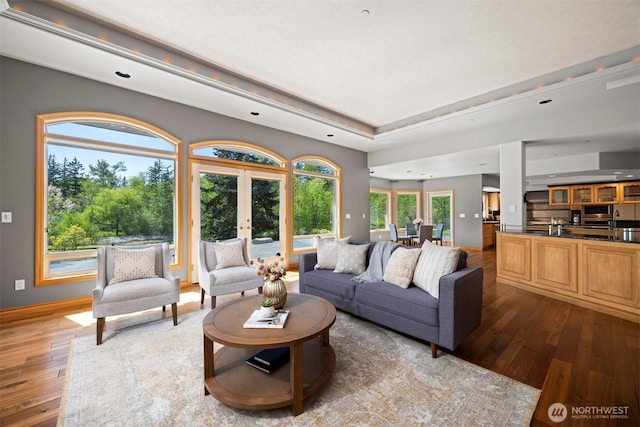 living room with a raised ceiling, recessed lighting, french doors, and wood-type flooring