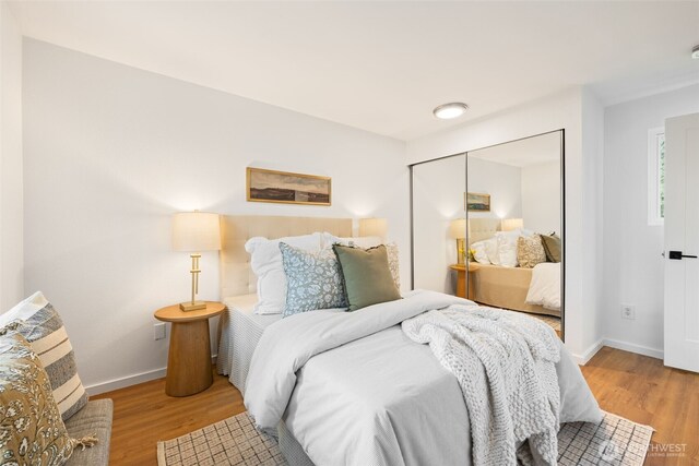 bedroom with light wood finished floors, baseboards, and a closet