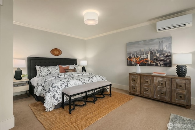 bedroom with a wall mounted air conditioner, carpet flooring, crown molding, and baseboards