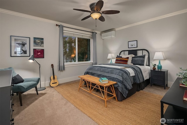 bedroom featuring light carpet, crown molding, a wall mounted air conditioner, baseboards, and a ceiling fan