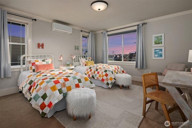carpeted bedroom with a wall unit AC, crown molding, and baseboards
