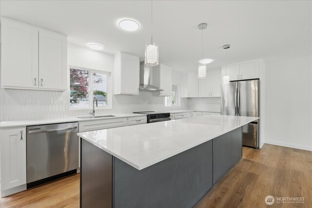 kitchen featuring stainless steel appliances, a sink, wall chimney range hood, and backsplash