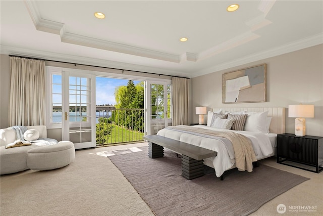 2530 39th Ave E, Seattle, WA 98112 - carpeted bedroom with ornamental molding, access to exterior, a tray ceiling, and recessed lighting