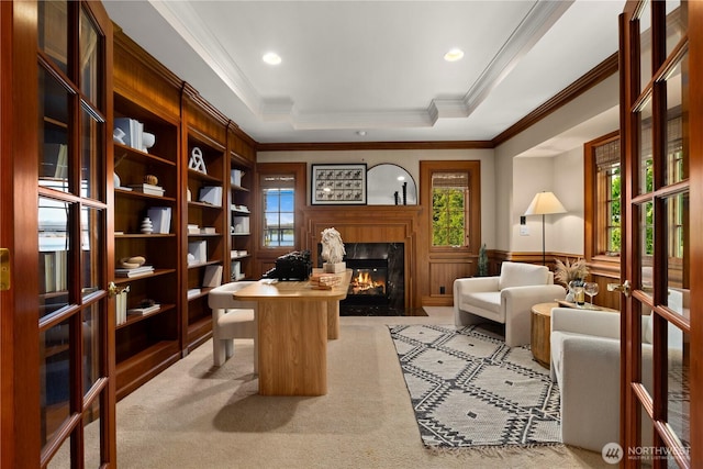 2530 39th Ave E, Seattle, WA 98112 - home office featuring ornamental molding, healthy amount of natural light, a premium fireplace, light colored carpet, and a wainscoted wall