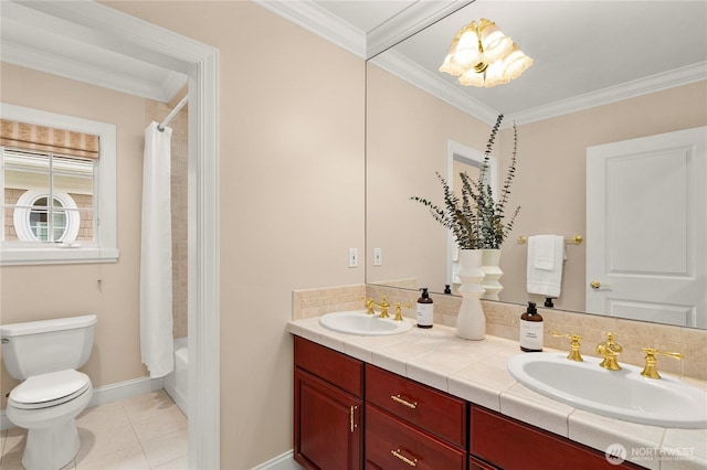 2530 39th Ave E, Seattle, WA 98112 - bathroom with double vanity, toilet, crown molding, tile patterned flooring, and baseboards