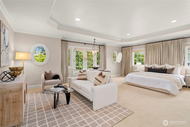 2530 39th Ave E, Seattle, WA 98112 - bedroom with a raised ceiling, light colored carpet, baseboards, crown molding, and recessed lighting