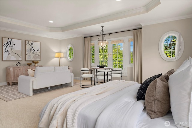 2530 39th Ave E, Seattle, WA 98112 - bedroom featuring a tray ceiling, ornamental molding, baseboards, carpet floors, and recessed lighting