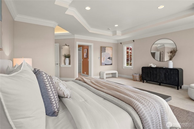 2530 39th Ave E, Seattle, WA 98112 - carpeted bedroom with a tray ceiling, ornamental molding, recessed lighting, and baseboards