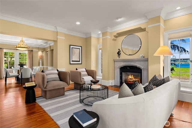 2530 39th Ave E, Seattle, WA 98112 - living room with wood finished floors, a premium fireplace, ornamental molding, and recessed lighting