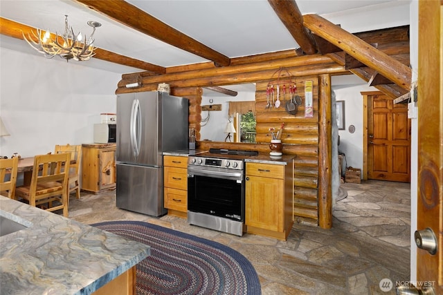 21 Two Springs Rd, Cle Elum, WA 98922 - kitchen with appliances with stainless steel finishes, log walls, light stone finish flooring, beamed ceiling, and a chandelier